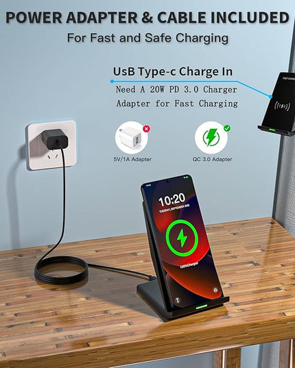Wireless Charger Station,15W Desk Wireless Charging Stand 20W USB C Adapter for Apple iPhone 17 Pro/17/17/Air/16 Pro/16E/16 Plus/15/14/13,Samsung Galaxy S25/S24/S23/S22/Z Flip Fold/Note 20,Google etc