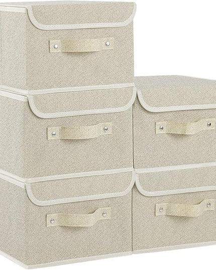 Fabric Storage Bins Cube Organizers with Flip-Top Lid and Handles,Storage Boxes for Organizing Home,Office,and Closet,Grey and Beige,5 Pack 10.2 X 7.9 X 6.7 in