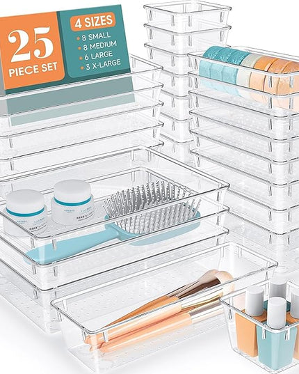 WOWBOX 25 PCS Clear Plastic Drawer Organizer Set, 4 Sizes Desk Drawer Divider Organizers and Storage Bins for Makeup, Jewelry, Gadgets for Kitchen, Bedroom, Bathroom, Office