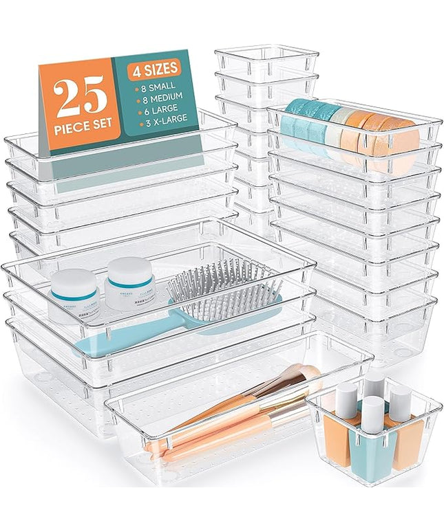 WOWBOX 25 PCS Clear Plastic Drawer Organizer Set, 4 Sizes Desk Drawer Divider Organizers and Storage Bins for Makeup, Jewelry, Gadgets for Kitchen, Bedroom, Bathroom, Office