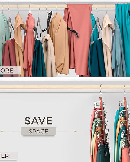 MORALVE Skirt Hangers Space Saving with Clips - 2 Pack - European Beechwood 5-Tier Hanger for Shorts, Skirts, and Pants - Closet Organizer and Storage Solution for Women with 360° Swivel Hook