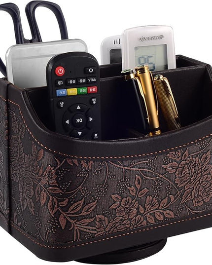 Antique Leather Remote Control Holder 360 Degree Spinning,Desk Rotating Organizer/Caddy for TV Remote Controllers,Pen,Calculator Media Player,DVD,Office Supplies,Mobile Phone Storage Box (Retro)