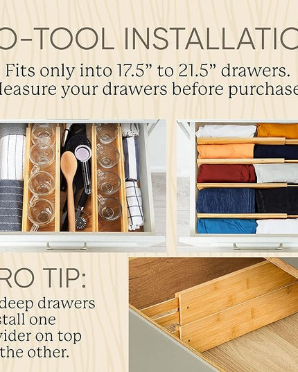 Night Tree Expandable Bamboo Drawer Dividers – Spring-Loaded Wooden Organizers for Clothes, Kitchen Utensils, Bathroom, and Dresser Drawers (18" to 20")