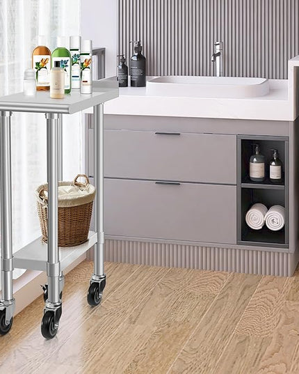 HARDURA Stainless Steel Commercial Work Table with Wheels Prep & Work Metal Table 24×12 Inches Heavy Duty NSF with Casters and 2" Backsplash