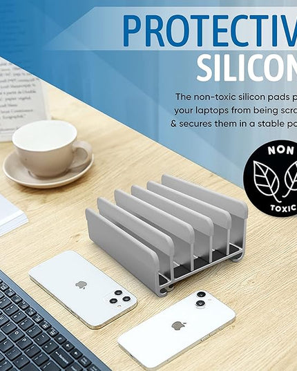 Elestoria 5- Slot Vertical Laptop Stand - Aluminum Laptop Stand Vertical for Desk - Adjustable Width (12-38mm) Fits MacBook Pro/Air, Surface & Gaming Laptops upto 17.3" - Heavy Duty Laptop Holder-Grey
