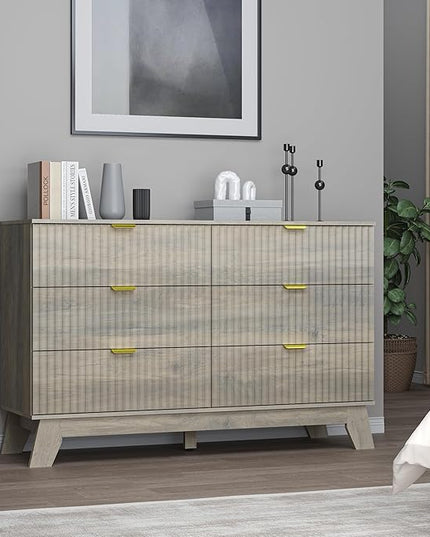 BORNOON Fluted 6 Drawer Dresser, 47.2" Wide Modern Boho Chest of Drawers, Wooden Storage Dresser TV Stand for Bedroom, Living Room, Closet, Hallway, Curved Profile Design