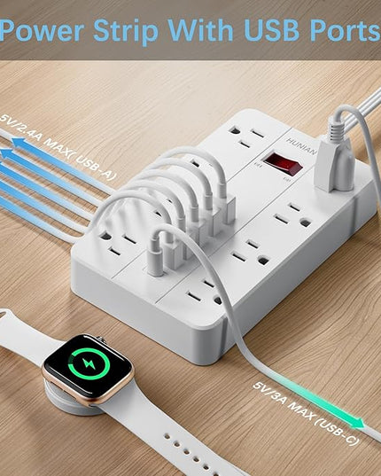 10 Ft Long Extension Cord,Power Strip Surge Protector HUNIAN Flat Plug with 8 Widely Spaced Outlets 6 USB(1 USB C Port), Wall Mount Charging Station for Home and Office,White