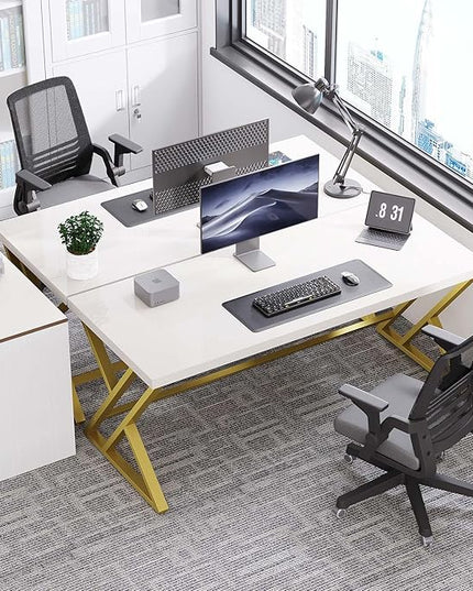 LVB White and Gold Desk, Modern Wood Home Office Computer Desk, Metal Study Executive Writing Table for Gaming Writing Work, Farmhouse Simple Compact Student PC Desk for Bedroom, 55 Inch