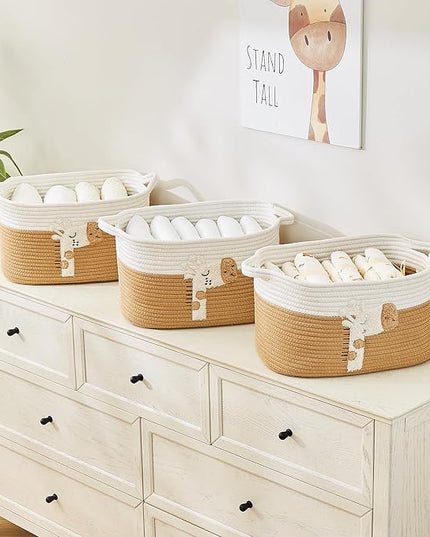 Storage Bins Woven Baskets for Storage Set of 3, Cotton Rope Basket with Handles for Toys/Shelves/Laundry, Rectangle Multi-Purpose Organizer for Living Room, Bedroom, Nursery (Giraffe)