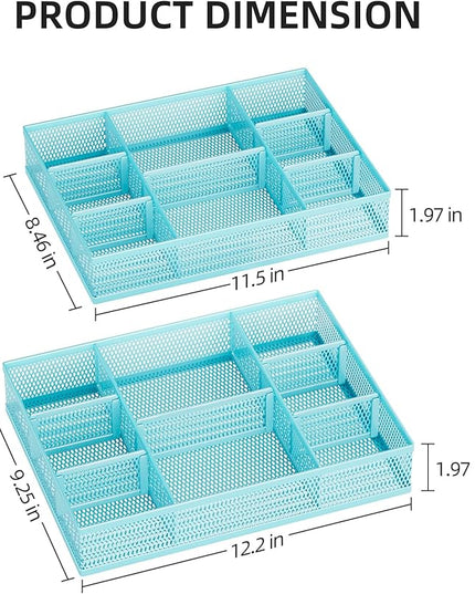 Marbrasse 2 Pack Desk Drawer Organizer, Mesh Drawer Organizer Tray with 8 Adjustable Compartments, Desk Organizers and Accessories, 5 Dividers Drawer for Office Supplies, Makeup & Vanity (Blue)
