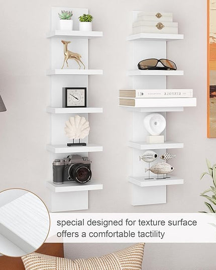 5 Tier Wall Shelf Unit, Decorative Wall Mount Vertical Shelving, Floating Storage Home Decor Organizer Tall Tower Design Utility Shelving Bedroom Living Room, Modern White 2Pack