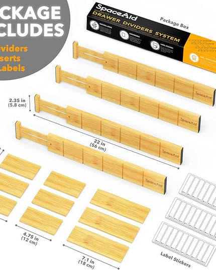 SpaceAid Bamboo Drawer Dividers with Inserts and Labels, Kitchen Adjustable Drawer Organizers, Expandable Organization for Home, Office, Dressers, 4 Dividers with 9 Inserts (17"-22" Natural)