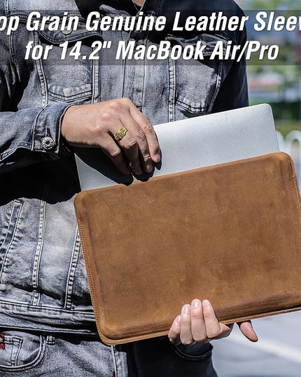 Top Grain Leather 14.2" Slim Laptop Sleeve Protector, Minimalist Vintage Design, Handmade, Compatible with MacBook Pro 14 inch 2021 2022 M1 Pro/M1 Max A2442 & Other PC, Brown 14.2 Inch
