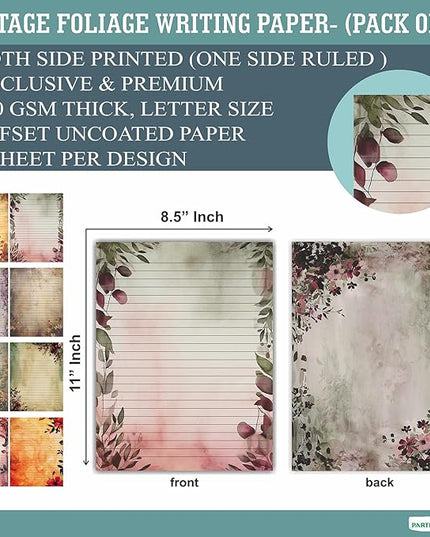 PARTH IMPEX 56 Sheets Vintage Lined Writing Paper 8.5x11 - Letter Size Ruled Stationery Rustic Old Looking Letterhead Printer Paper - 120gsm Thick Decorative Colored Antique Aged Foliage Design