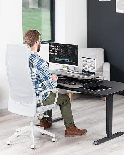 VIVO 32 inch Desk Converter, K Series, Height Adjustable Sit to Stand Riser, Dual Monitor and Laptop Workstation with Wide Keyboard Tray, Gray Top, Black Frame, DESK-V000KG