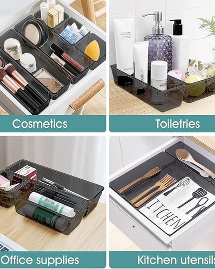 WOWBOX 25 PCS Plastic Drawer Organizer Set, Desk Drawer Divider Organizers and Storage Bins for Makeup, Jewelry, Gadgets for Kitchen, Bedroom, Bathroom, Office, Black