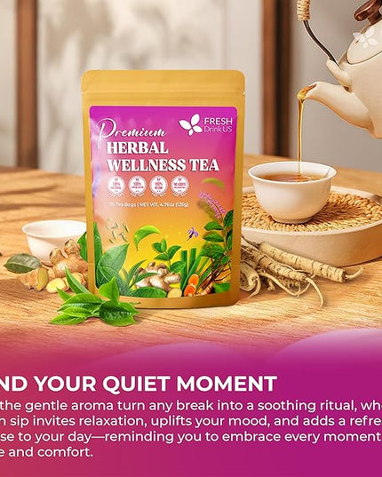 FreshDrinkUS, Premium Herbal Wellness Tea Bags | 75 Count | Blend of Sencha, Ginger, Fennel, Dandelion, Tulsi, Turmeric, Peppermint, Lavender, Lemongrass & Stevia – Herbal Tea. Vegan