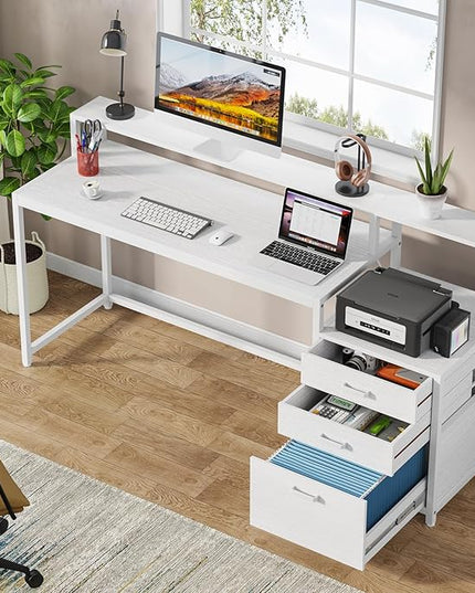 Tribesigns 63 Inch Computer Desk with File Drawer Cabinet, Ergonomic Office Desk with Monitor Stand, Computer Table with Printer Space, Wood PC Table Workstation Desk for Home Office, White