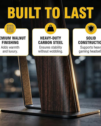 Gunking Premium Headphone Stand for Desk,Walnut Finishing Headphones Stand for Gaming&Studio Headphones with Heavy-Duty Anti-Slip Carbon Steel Base