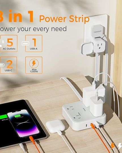 TESSAN Outlet Cover with Extra Outlet on Plug, Surge Protector Power Strip with 3 USB (2 USB C), 5 Ft Flat Extension Cord, 900 Joules Protection, Flat Plug Power Strip for Home Office Essentials