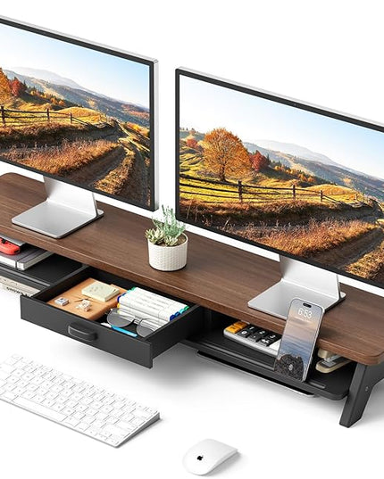 Dual Monitor Stand Riser,LED 2-Tier 39.3 Inch Computer Monitor Stand for 2 Monitors,Office Desktop Organizer with Storage Drawer and Phone Holder for Laptop,PC,Computer,Printer,Walnut