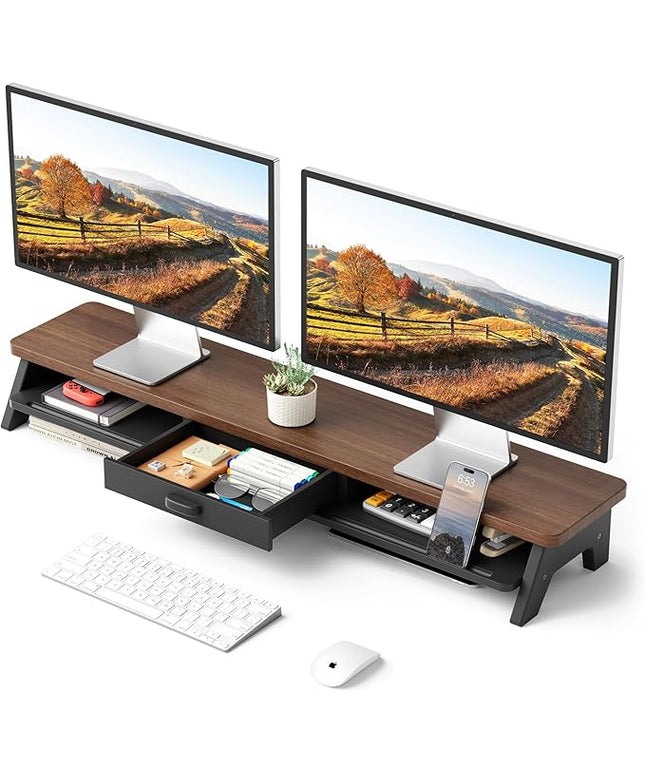 Dual Monitor Stand Riser,LED 2-Tier 39.3 Inch Computer Monitor Stand for 2 Monitors,Office Desktop Organizer with Storage Drawer and Phone Holder for Laptop,PC,Computer,Printer,Walnut