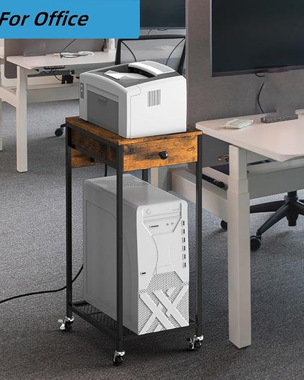 SEHERTIWY 2 Tier Computer Tower Stand, Adjustable Printer Stand with Charge Station and USB Charging Port, PC Tower Stand CPU Holder Cart with Wheels for Home Office Fax, Brown