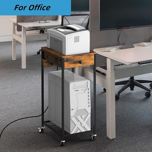 SEHERTIWY 2 Tier Computer Tower Stand, Adjustable Printer Stand with Charge Station and USB Charging Port, PC Tower Stand CPU Holder Cart with Wheels for Home Office Fax, Brown