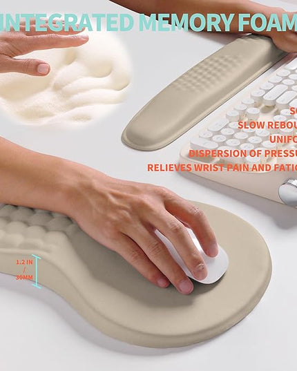2-in-1 Ergonomic Set, Wave Rise Keyboard Wrist Rest and Massage Bulge Slope Mouse Pad Wrist Support, Cushion Memory Foam Integrated to Relieve Wrist Pain, Apricot