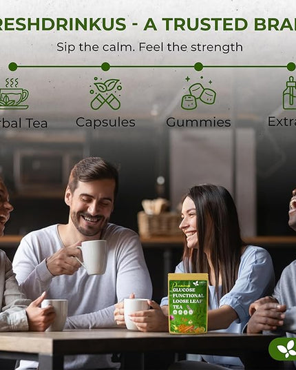 FreshDrinkUS, Glucose Functional Loose Leaf Tea | 4oz | Herbal Blend of Gymnema, Milk Thistle, Dandelion Root, Cinnamon & Ashwagandha – Naturally Caffeine-Free, Premium Quality, Balanced Flavor. Vegan