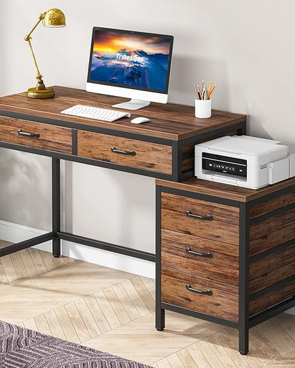 Tribesigns Computer Desk with 5 Drawers, Home Office Desks with Reversible Drawer Cabinet Printer Stand, Industrial PC Desk with Storage, Rustic Study Writing Table Workstation for Small Spaces