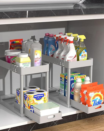 2PC Under Sink Organizer Rack 2 Tier Under Sliding Cabinet Basket Organizer Drawer with 4 Hooks, Multi-purpose Under Sink Storage for Bathroom Kitchen Desktop（Grey）