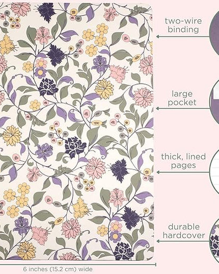 Steel Mill & Co Cute Floral Mini Spiral Notebook, 8.25" x 6.25" Journal with Durable Hardcover and 160 Lined Pages, Purple Vine Ditsy