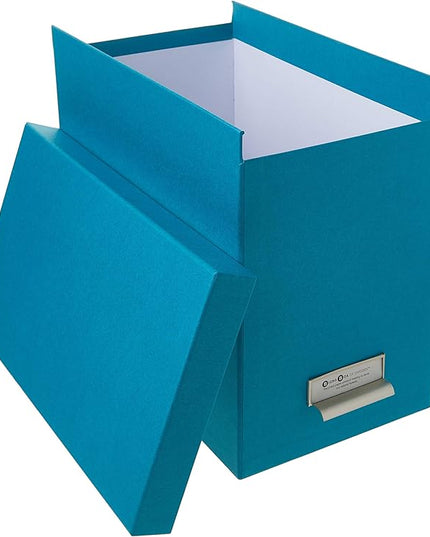 Bigso John Fiberboard Label Frame Desktop File Storage Box - Document Organizer for Important Paperwork - Durable Hanging File Box with a Lid & Metal Label Window - 7.36 x 13.38 x 10.51 in - Turquoise