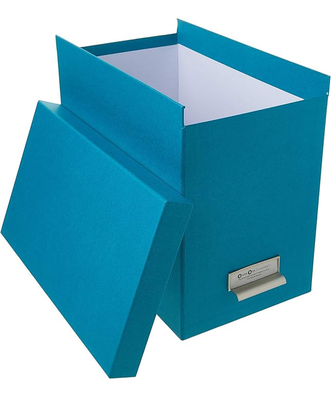 Bigso John Fiberboard Label Frame Desktop File Storage Box - Document Organizer for Important Paperwork - Durable Hanging File Box with a Lid & Metal Label Window - 7.36 x 13.38 x 10.51 in - Turquoise