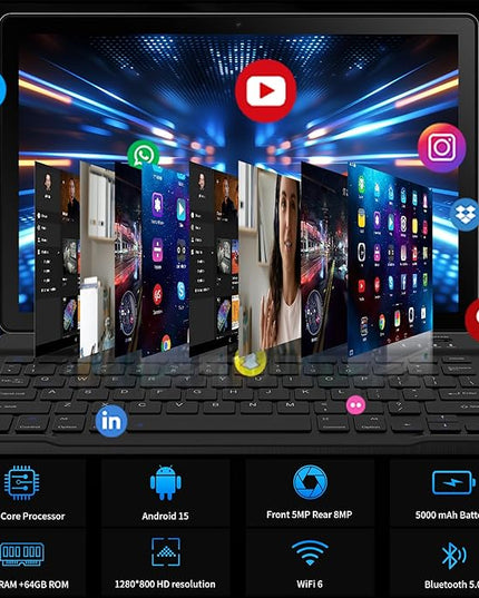 Latest 2025 Upgraded Android Tablet 10.1 Inch with IPS HD Touch Screen, Dual Camera, 64GB Storage 1TB Expansion, 8 in 1 Tablets Kit with Keyboard, Protective Case, Mouse, Stylus, BT 5.4, WiFi 6