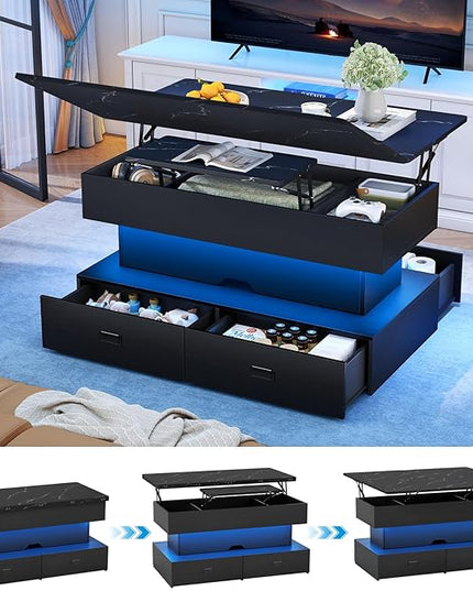 Turosur 40" Lift Top Coffee Table, LED Coffee Tables with Storage and 4 Drawers, Coffee Table with Lifting top for Living Room Home Office, Black