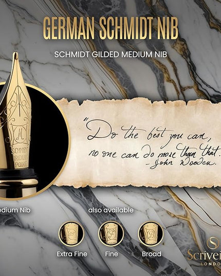 Scriveiner Silver Chrome Fountain Pen - Stunning Luxury Pen, Real Gold Finish Schmidt Gilded Nib (Medium), Best Pen Gift Set for Men & Women, Professional, Executive Office, Nice Pens