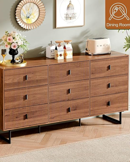 Chrangmay Modern Chest of Drawers with 9 Drawers,Deep Drawers,Clothes Organizer,Large Storage Cabinet for Living Room, Bedroom,Hallway,with Anti-Tipping Device, Walnut.