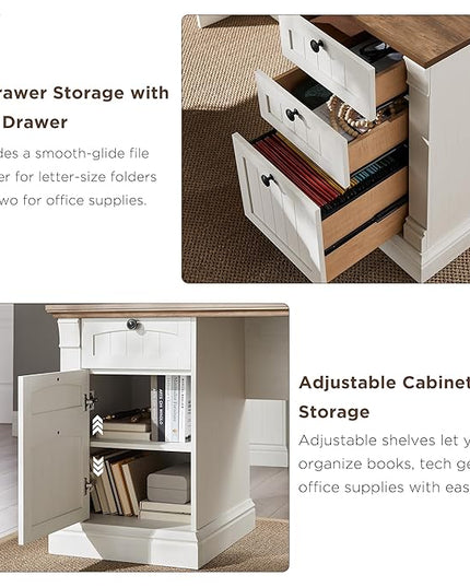 OKD 60" L Shaped Executive Desk with Drawers, Farmhouse Home Office Desk with Charging Station, File Cabinet Storage, Wood Corner Computer Desk for Work and Study, Antique White