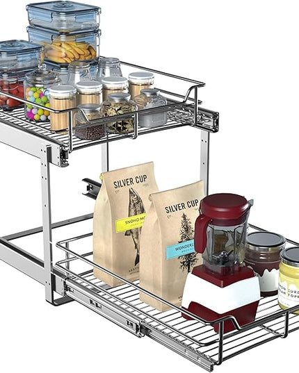 JOWBOOW 2-Tier Pull Out Cabinet Organizer (17.5" W x 22" D), Pull Out Shelves and Drawer for Kitchen Pantry Storage Basket, Heavy-Duty Metal Sliding Shelf, Chrome Finish