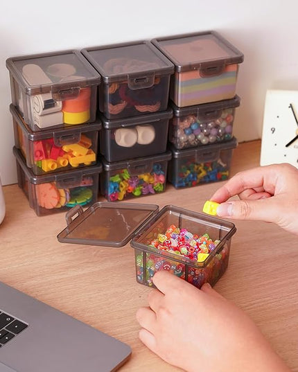10-Pack Small Plastic Containers with Lids, Clear Stackable Storage Boxes & Bins Organizer for Bead Organizer, Craft Storage, Stickers, Jewelry & Small Items – Black Square Small