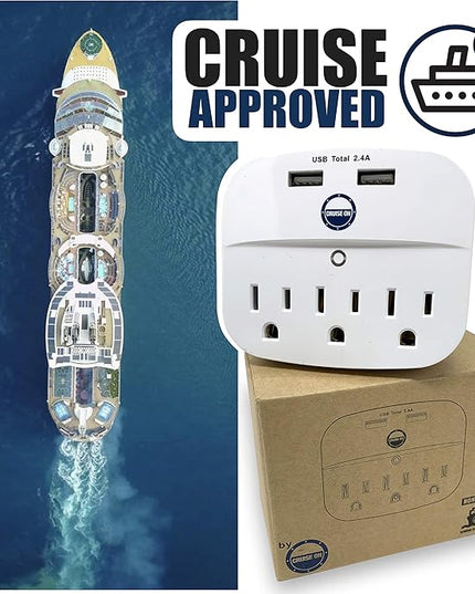 Cruise Approved Power Strip - Non Surge Protector for Cruise Ship with 2 USB Outlets - Cruise Ship Essentials 2026 for Carnival, Princess, Norwegian, Holland America, MSC & Major Cruise Lines (White)