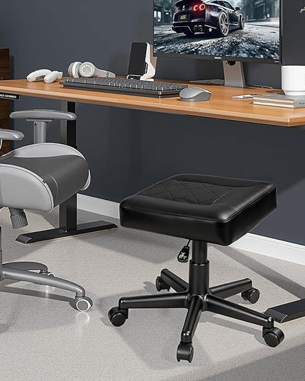 VECELO Under Desk Footrest, PU Ergonomic Foot Rest with Wheels, Comfort Padding, Height Adjustable for Relieving Leg Pain, Stiffness, Black