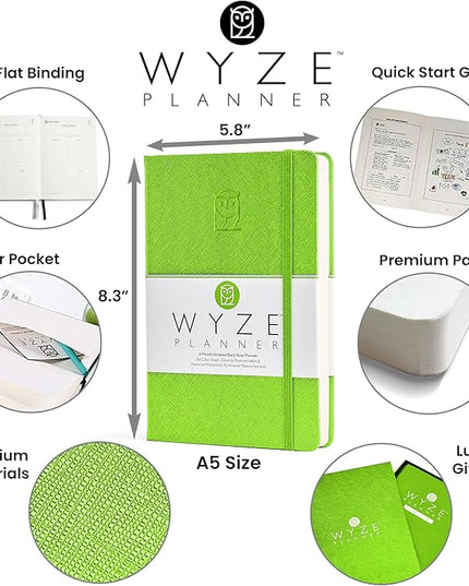 Undated Daily Planner – 6-Month A5 Productivity Organizer with Full Page Per Day, Hourly Schedule, Goal Setting, Habit Tracker, Weekly & Monthly Pages – Hardcover Time Management Notebook (Lime Green)