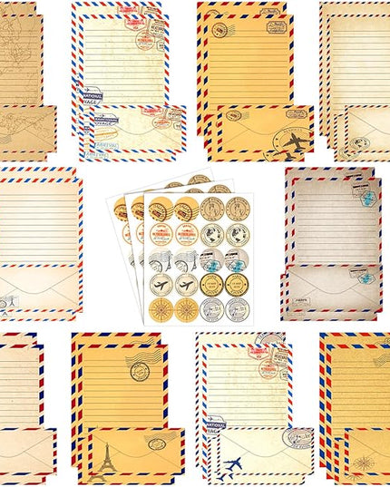 TaoBary 160 Pcs Stationery Paper Set 50 Double Sided Stationery Papers with 50 Matching Envelopes and 60 Round Dot Sticker, 10 Design(Vintage Travel,8.5 x 11 Inch)