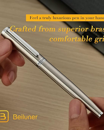BEILUNER Luxury Fountain Pen Set, Solid 24K Gilded Medium Nib, Silver Stainless Steel Body- Includes 6 Ink Cartridges & Ink Refill Converter with Gift Case - Nice pen for Men and Women