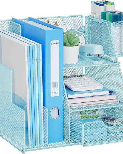 Marbrasse Desk Organizer and Accessories, 3-Tier File Organizer with Drawer and Pen Holder, Small Desktop Organizer and Storage for Workspace Office Supplies Blue