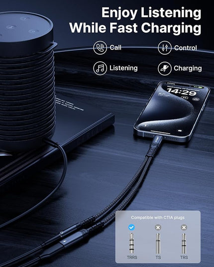 JSAUX USB C to 3.5mm Headphone and Charger Adapter,2-in-1 USB C to Aux Audio Adapter with PD 60W Fast Charging Compatible with iPhone 15 pro max/15 pro/15 Plus /15-Black