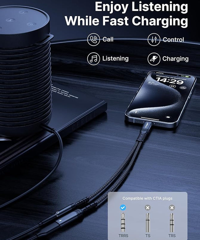 JSAUX USB C to 3.5mm Headphone and Charger Adapter,2-in-1 USB C to Aux Audio Adapter with PD 60W Fast Charging Compatible with iPhone 15 pro max/15 pro/15 Plus /15-Black